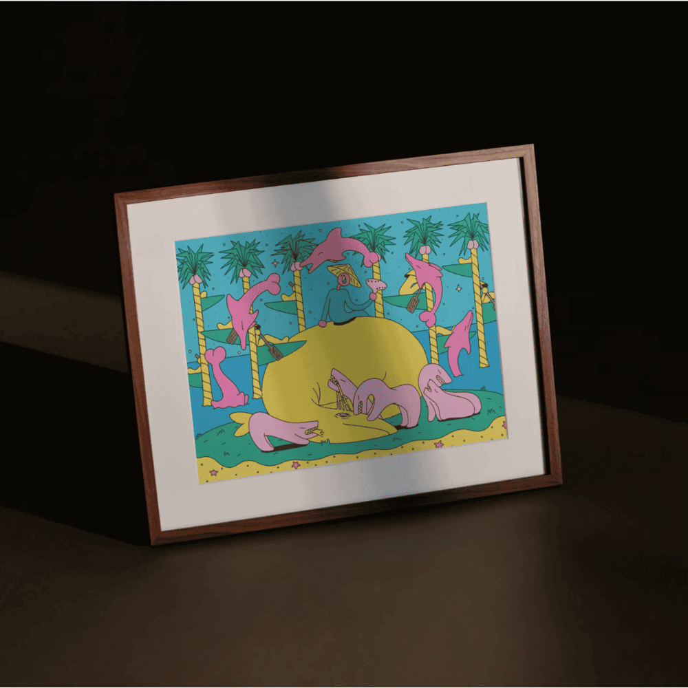 Circle of Etakku – surreal Japanese art print by NOY with pink dolphins in wood frame under moody lighting