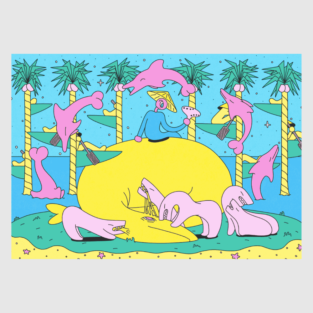 Circle of Etakku – surreal Japanese art print by NOY with pink dolphins and mystical figures