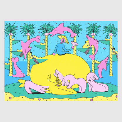 Circle of Etakku – surreal Japanese art print by NOY with pink dolphins and mystical figures