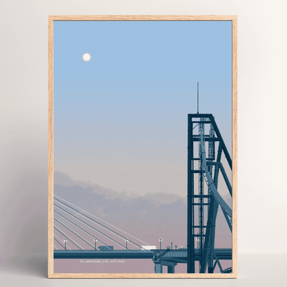 Moonlit Crossing – peaceful Japanese bridge art print under a moonlit sky by Rie Shimada in wood frame