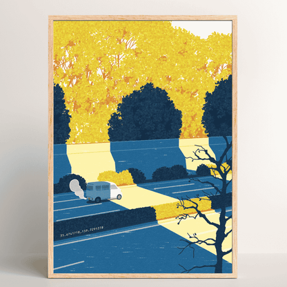 Blessing in Disguise – peaceful Japanese road trip art print with trees and camper van by Rie Shimada in wood frame 