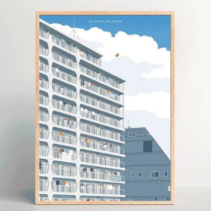 Blue Breeze – Japanese apartment building art print by Rie Shimada in wood frame