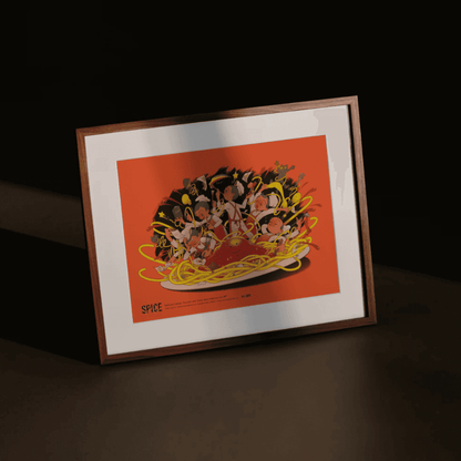 SPICE – whimsical food-themed Japanese art print by PHI in wood frame with warm moody lighting