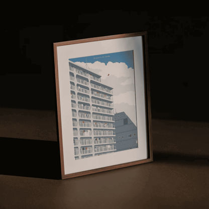  Blue Breeze – Japanese apartment building art print by Rie Shimada in wood frame and moody lighting