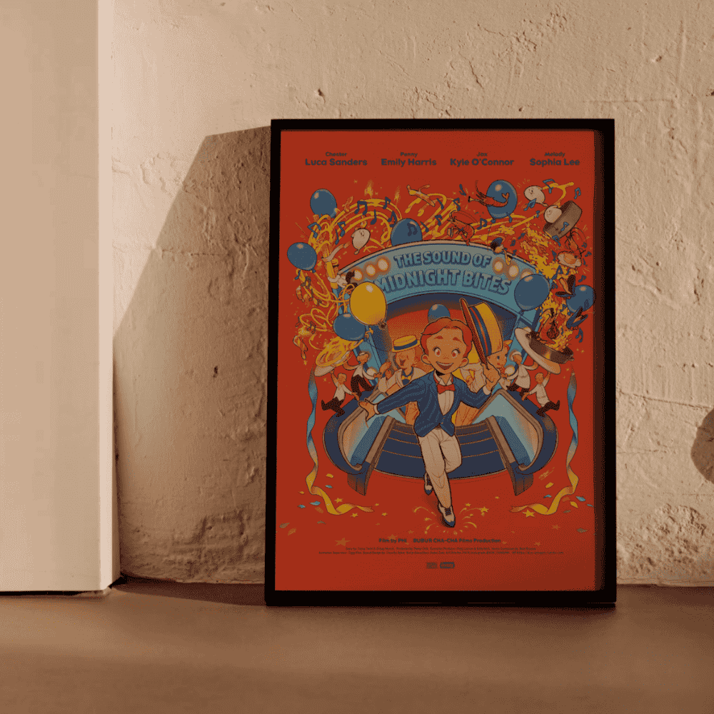 Dine like a star – vibrant musical-themed Japanese art print by PHI in wood frame with warm moody lighting