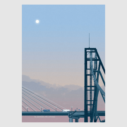 Moonlit Crossing – peaceful Japanese bridge art print under a moonlit sky by Rie Shimada