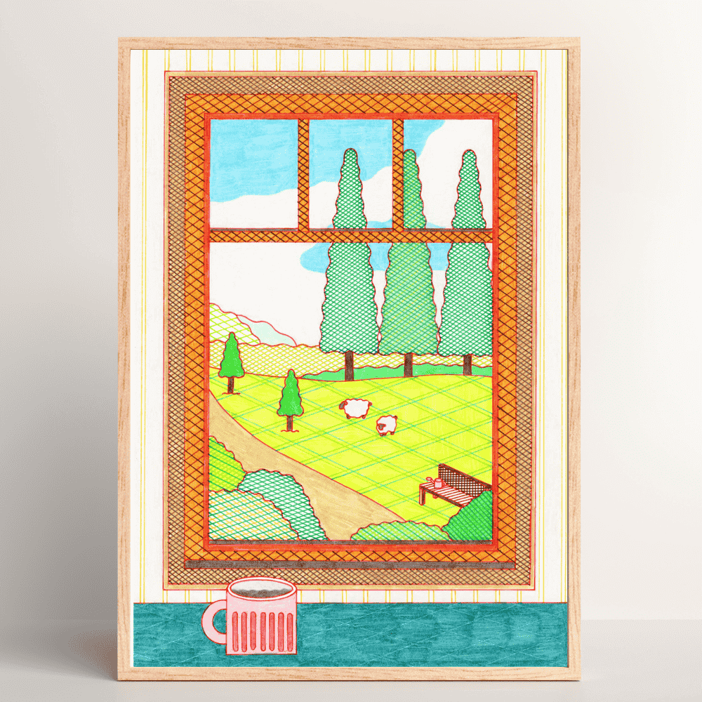 View from the Window – calming Japanese art print by Sakie Suzuki in wood frame