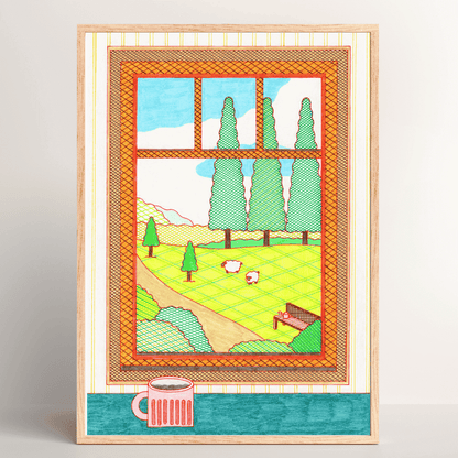 View from the Window – calming Japanese art print by Sakie Suzuki in wood frame