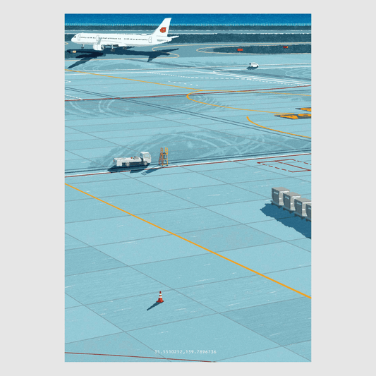 Many Pathways – airport runway Japanese art print by Rie Shimada with airplane and traveler