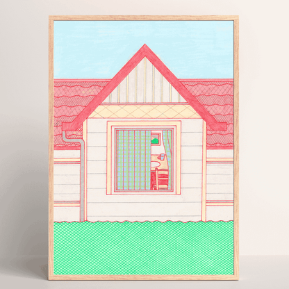 House Window – minimalist Japanese art print by Sakie Suzuki with warm home view in wood frame 