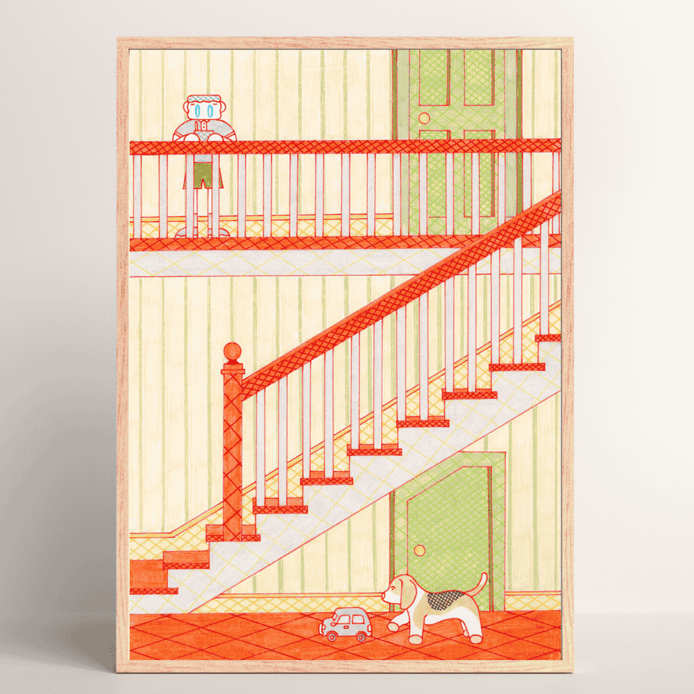 Radio Controlled – playful Japanese art print by Sakie Suzuki in wood frame 